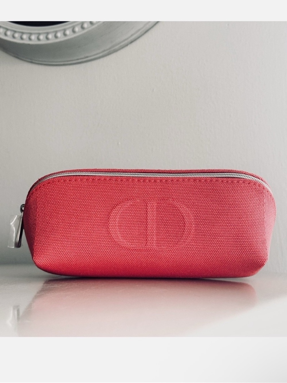 Dior Coral Pink Canvas Zip Cosmetic Case with Embossed CD